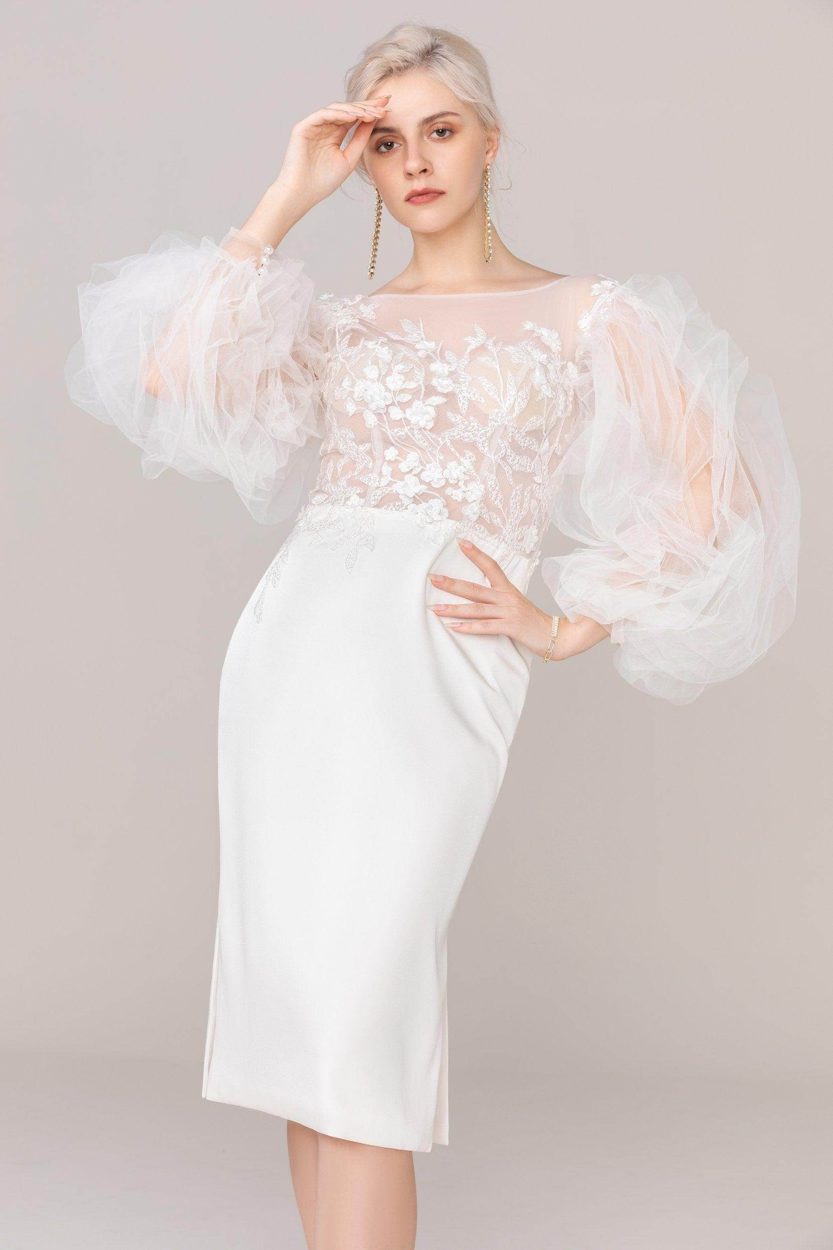 Sheath Knee Length Elastic Cloth Tulle Wedding Dress CW2420 - COCOMELODY